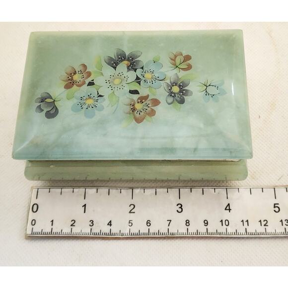 Trinket/Jewelry Box-Alabaster-Green-Flowers-Hinged Edge - Picture 11 of 13
